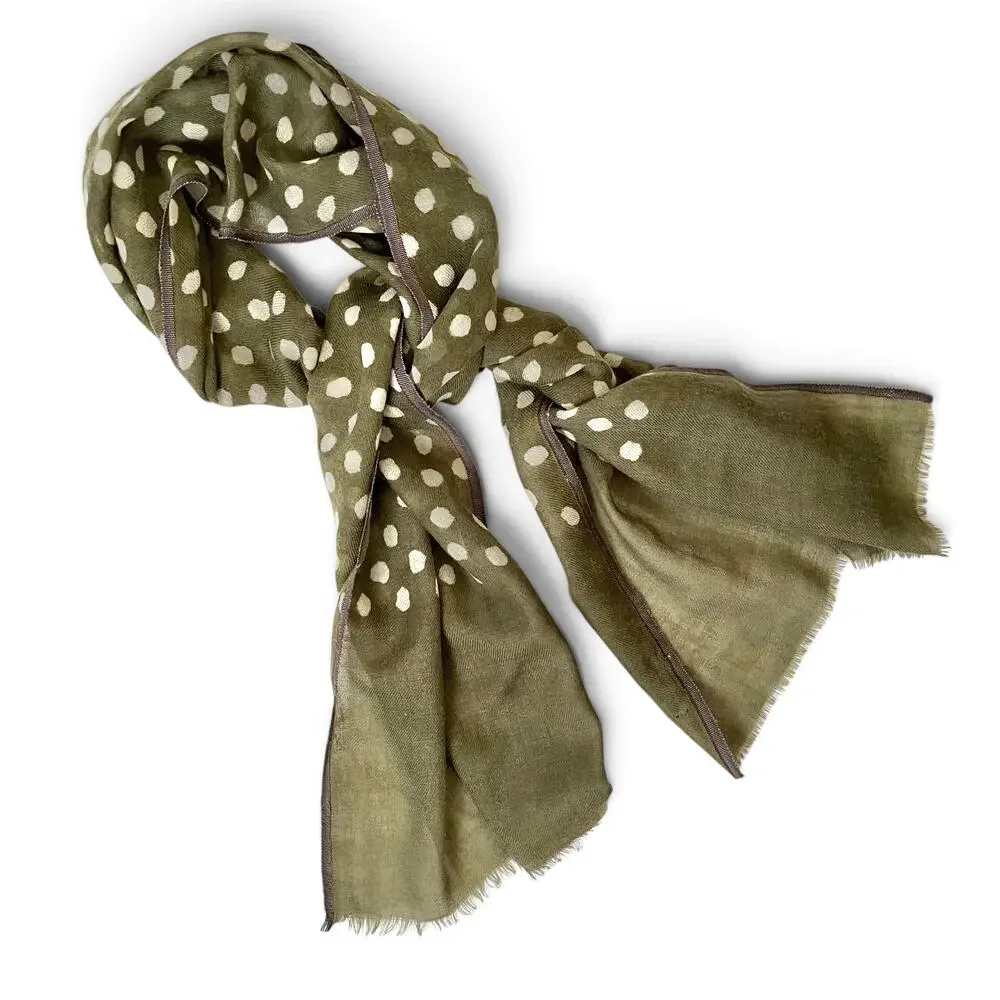 Matta Wool Silk Olive Green White Polka-Dot Lightweight Patti Scarf